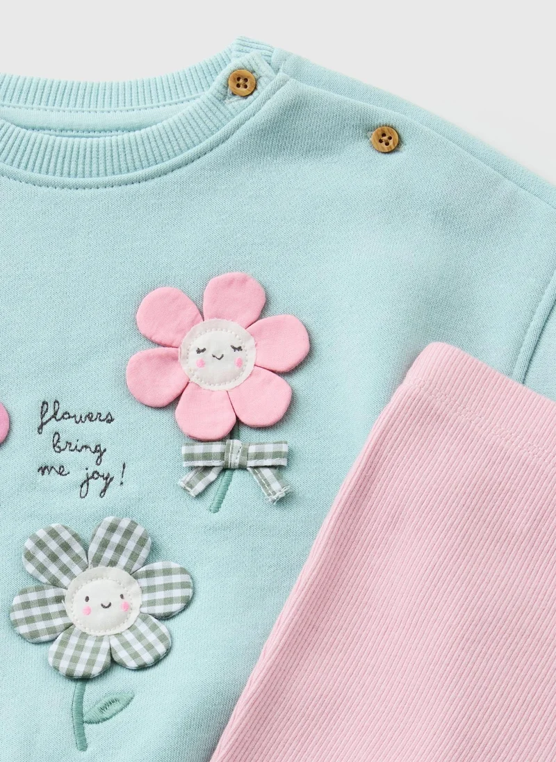 ماتلان طقم بلوزة وبنطلون بناتي كاروهات أزرق مزين بالزهور